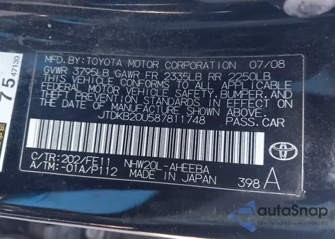 2008 Toyota Prius z USA, uszkodzony, nr VIN JTDKB20U587811748